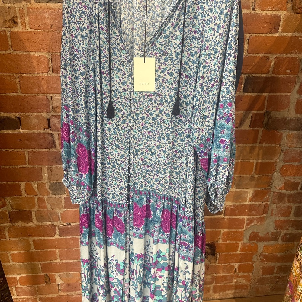 Spell Floral Button-Front Dress in Blue, Purple and Teal Love Jetty Gown